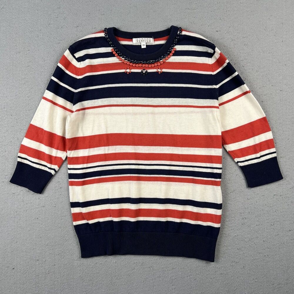 Armand Ventilo Sweater Women’s XS Striped 3/4 Sleeve Beaded Neck‎ Accent Cotton